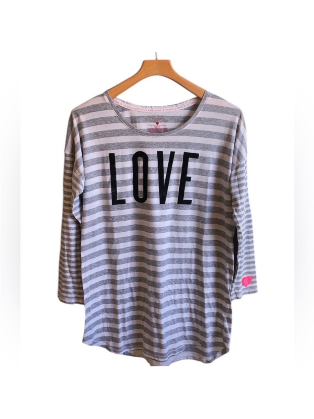 Victoria's Secret Gray White Striped Love Long Sleeve Pajama Night Shirt Medium